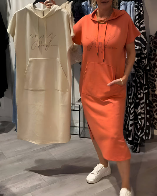 Novaera™ | Damer Hoodie Kjole Midi | Sporty Loungekjole med Hætte og Korte Ærmer
