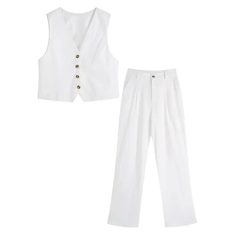 Amarisse™ | Damer To-Delte Vest Sæt | Elegant Co-ord Sommeroutfit med Ærmeløst Gilet og Vide Bukser med Høj Talje