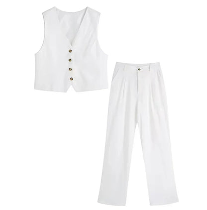 Amarisse™ | Damer To-Delte Vest Sæt | Elegant Co-ord Sommeroutfit med Ærmeløst Gilet og Vide Bukser med Høj Talje