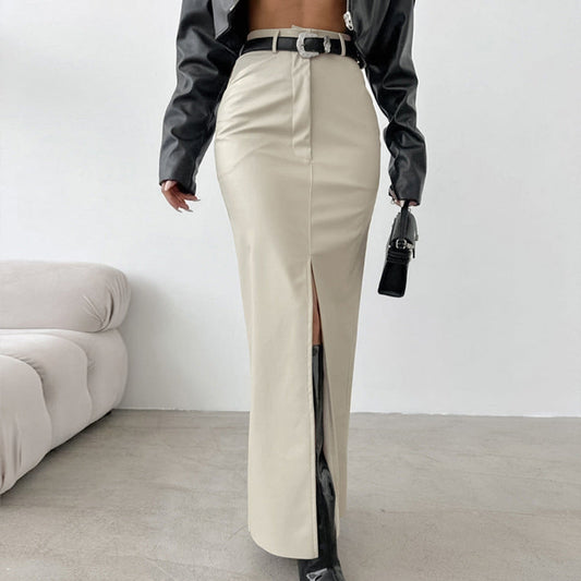Soraya™ | Damer High-Waist Læder Maxi Nederdel med Slids | Lædernederdel med Tætsiddende Pasform