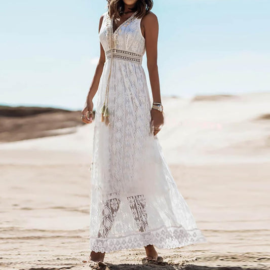 Sera™ | Hvid Blonde Maxi Kjole Damer | Boheme Sommerkjole med Gyldne Broderier, V-Hals og Uigennemsigtig Underskørt