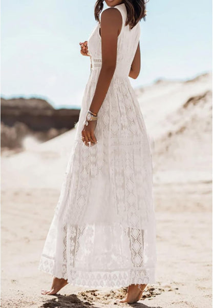 Sera™ | Hvid Blonde Maxi Kjole Damer | Boheme Sommerkjole med Gyldne Broderier, V-Hals og Uigennemsigtig Underskørt