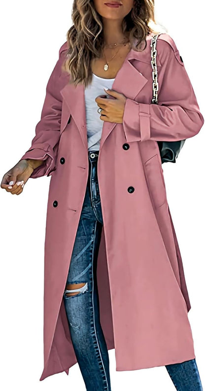Camille™ | Ensfarvet Trenchcoat med Klassisk Reverskrave og Dobbelt Knaplukning