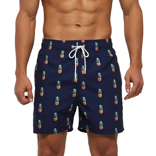 Lazaro™ | Herrer Badebukser med Tropisk Ananasprint | Hurtigttørrende Badeshorts med Snøre og Sidelommer