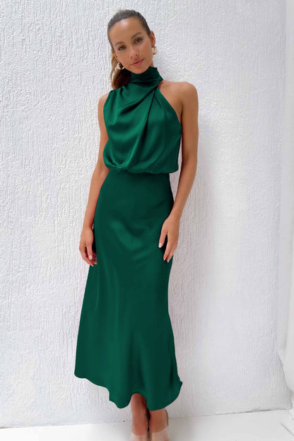 Amelie™ | Satin Halterneck Kjole med Vandfaldshals | Elegant Ærmeløs Midi Kjole til Cocktail, Galla eller Bryllup