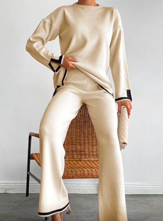 Elin™ | Damer Stilfuldt Strikket Loungewear Sæt med Vide Bukser og Drop Shoulder-design