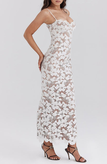 Elaria™ | Damer Hvid Blonde Maxi Kjole | Transparent Bodycon Kjole med Blomstermønster og Spaghettistropper