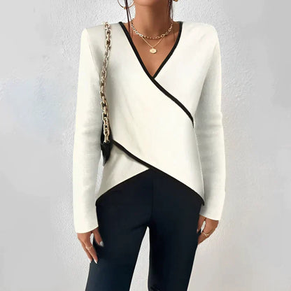 Colette™ | Elegant Damer V-Hals Top med Lange Ærmer og Unikt Design