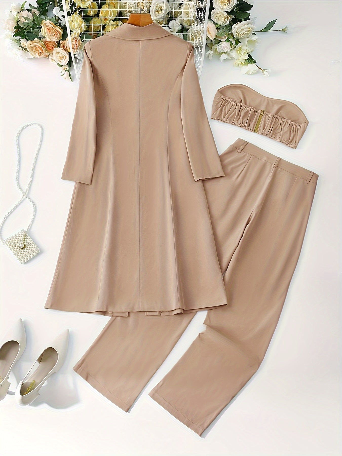 Floriviera™ | Elegant 3-Deles Damer Outfit Med Blomstermønster, Trenchcoat, Bukser Og Bandeautop