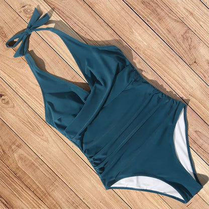 Marinelle™ | Damer Halterneck Badedragt med Stribet Buste | Flatterende Shaping Badedragt med Drapering til Strand og Pool