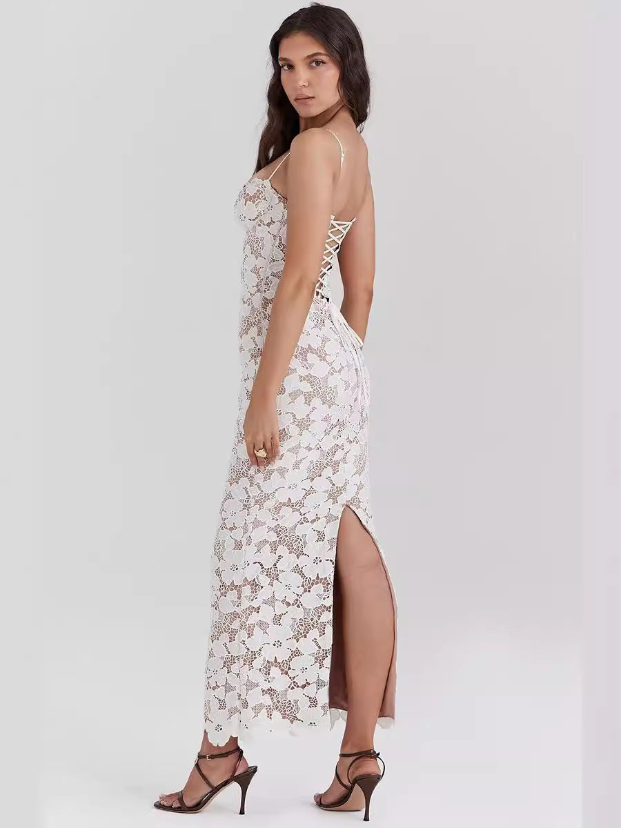 Elaria™ | Damer Hvid Blonde Maxi Kjole | Transparent Bodycon Kjole med Blomstermønster og Spaghettistropper