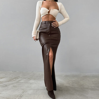 Soraya™ | Damer High-Waist Læder Maxi Nederdel med Slids | Lædernederdel med Tætsiddende Pasform