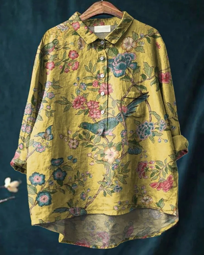 Zahara | Bohemian Bluse Dame | Let Sommerbluse | Lange Ærmer | Kunstnerisk Blomsterprint | Løstsiddende & Åndbar