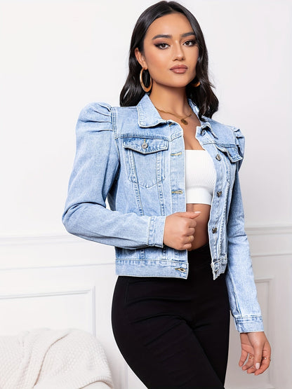 Lunara™ | Lyseblå Denimjakke Med Puffærmer Og Figursyet Feminin Pasform