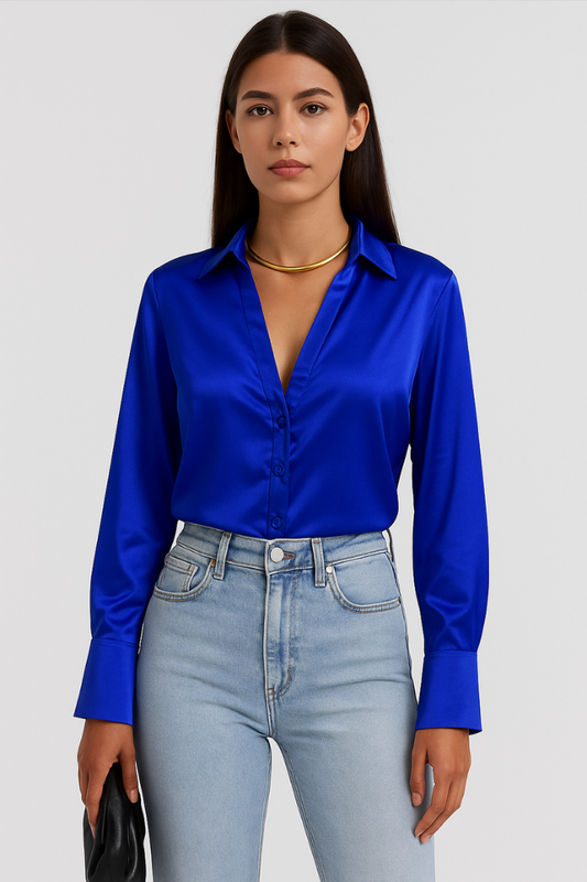 Solena™ | Damer Satin Bluse med V-Hals | Skinnende Elegant Top med Lange Ærmer til Kontor og Fest