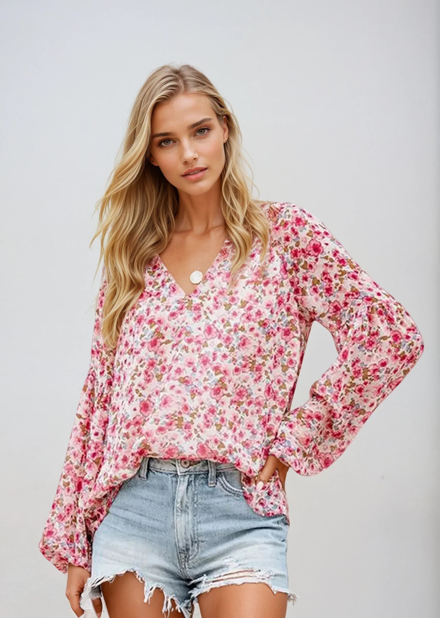 Floraya™ | Damer Blomstret Bluse med V-Hals | Luftig Sommerbluse med Lange Ærmer og Rosa Boho-Print