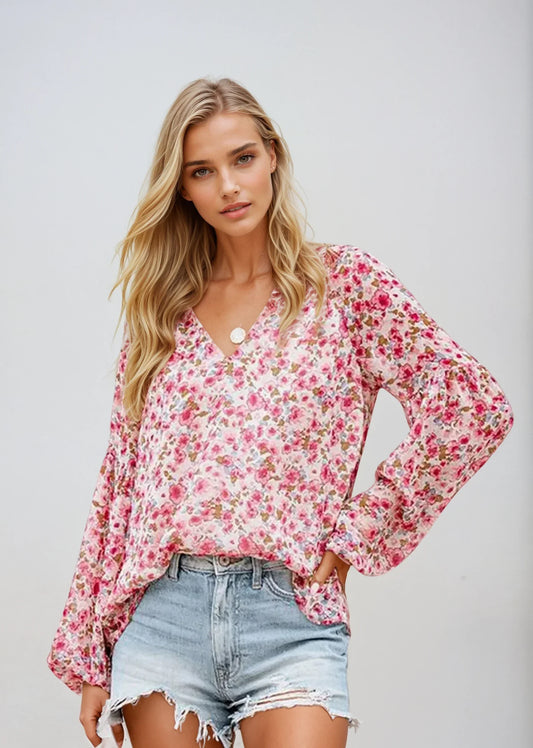 Floraya™ | Damer Blomstret Bluse med V-Hals | Luftig Sommerbluse med Lange Ærmer og Rosa Boho-Print