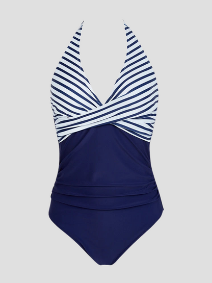Marinelle™ | Damer Halterneck Badedragt med Stribet Buste | Flatterende Shaping Badedragt med Drapering til Strand og Pool