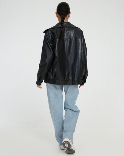 Marzena™ | Damer Oversized Faux Læderjakke | Mørkebrun Retro Bomberjakke med Lynlås og Sidelommer