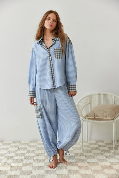 Camille | Bomuld Pyjamasæt Damer Med Stribe-Ternet Mix & Bindebåndsbuks