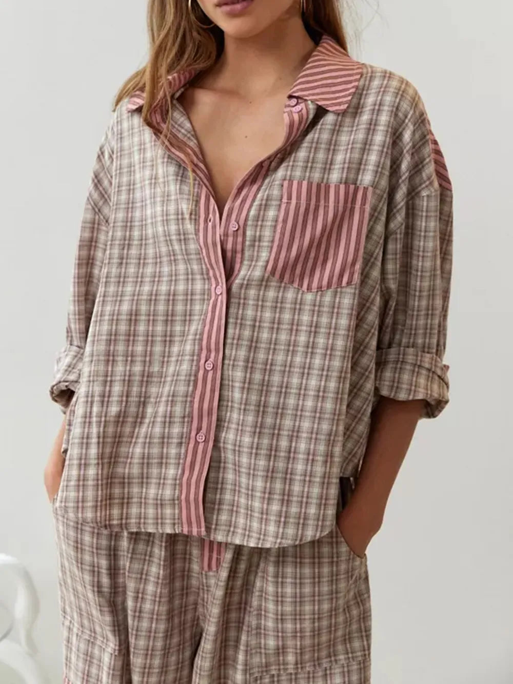 Camille | Bomuld Pyjamasæt Damer Med Stribe-Ternet Mix & Bindebåndsbuks