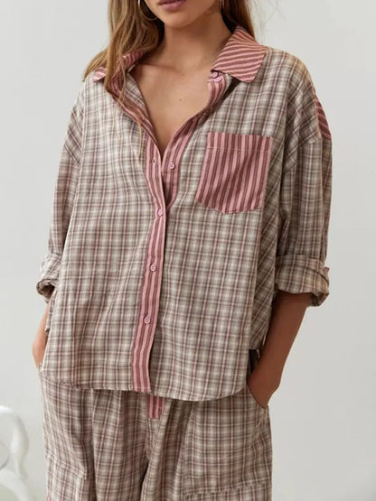 Camille | Bomuld Pyjamasæt Damer Med Stribe-Ternet Mix & Bindebåndsbuks