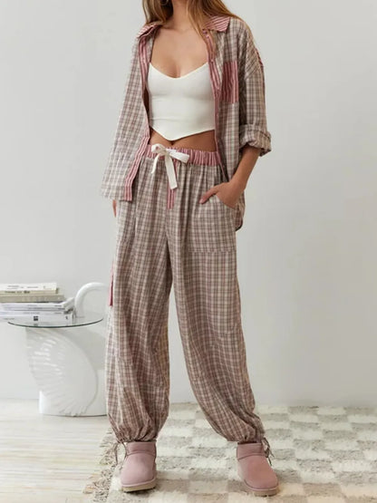Camille | Bomuld Pyjamasæt Damer Med Stribe-Ternet Mix & Bindebåndsbuks