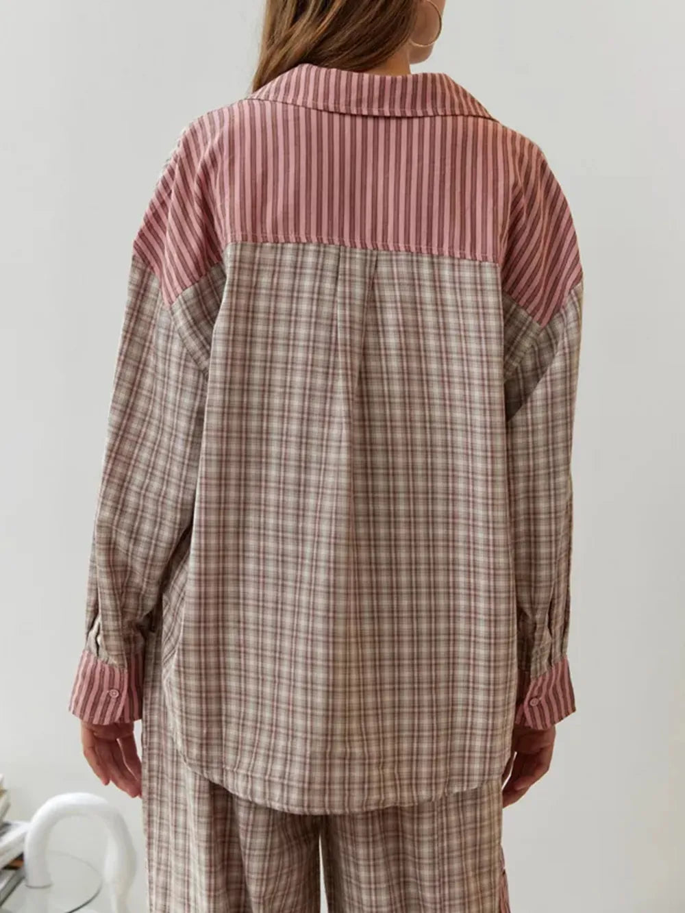Camille | Bomuld Pyjamasæt Damer Med Stribe-Ternet Mix & Bindebåndsbuks