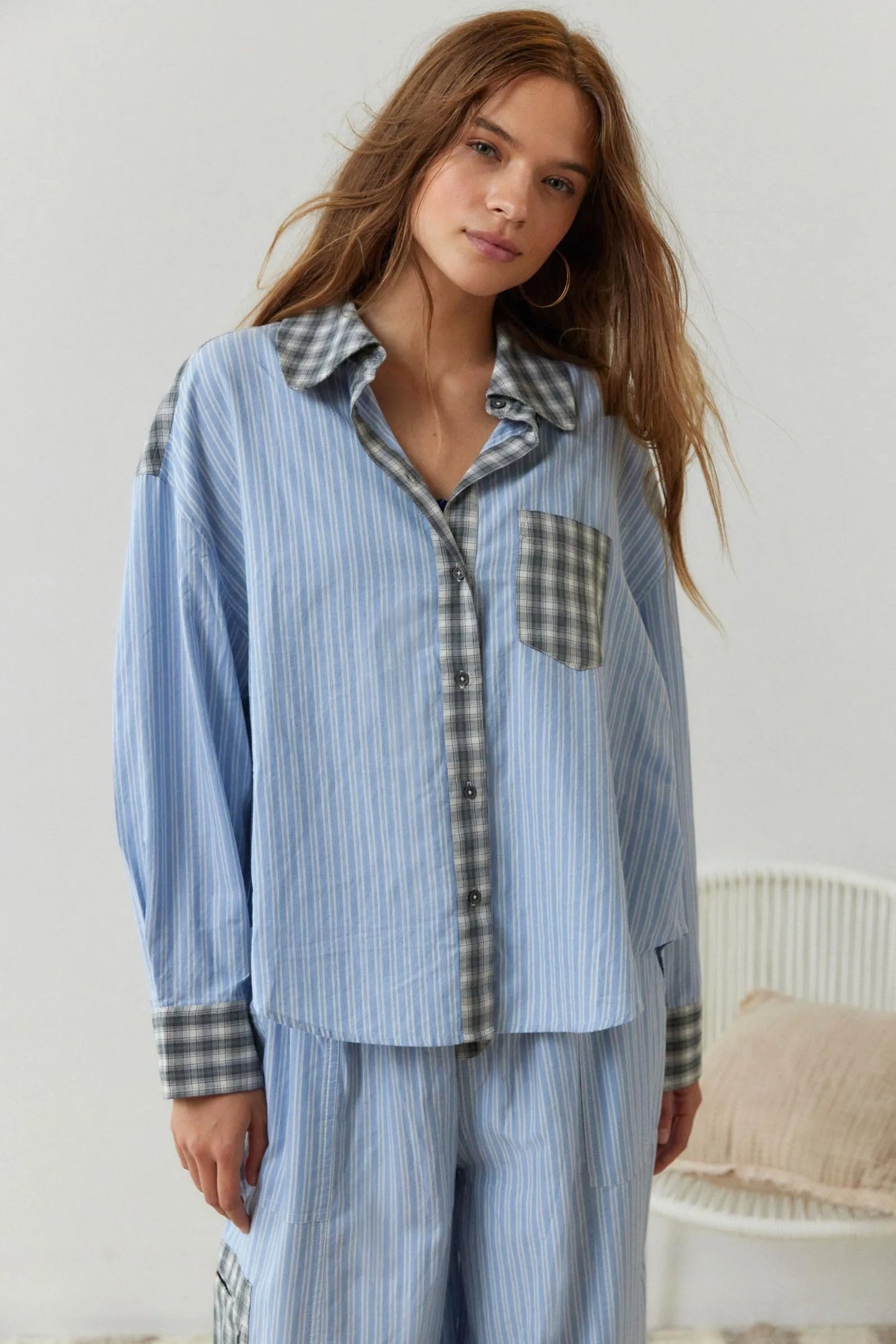 Camille | Bomuld Pyjamasæt Damer Med Stribe-Ternet Mix & Bindebåndsbuks