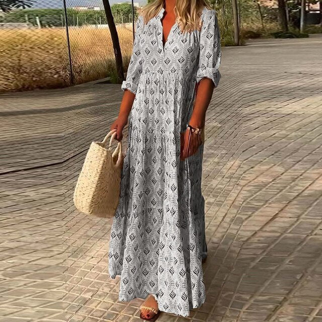 Almira™ | Luftig Boho Maxi Kjole med Oprullede Ærmer og Blødt Print | Komfortabel Sommerkjole i Naturlige Nuancer