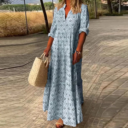 Almira™ | Luftig Boho Maxi Kjole med Oprullede Ærmer og Blødt Print | Komfortabel Sommerkjole i Naturlige Nuancer