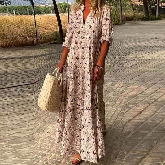Almira™ | Luftig Boho Maxi Kjole med Oprullede Ærmer og Blødt Print | Komfortabel Sommerkjole i Naturlige Nuancer