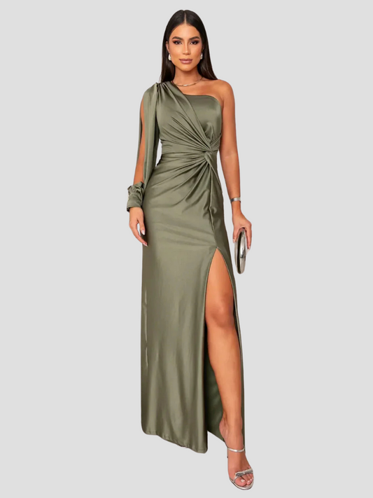 Celestine™ | Damer Satin Aftenkjole med Én Skulder | Elegant Asymmetrisk Gallakjole med Slids