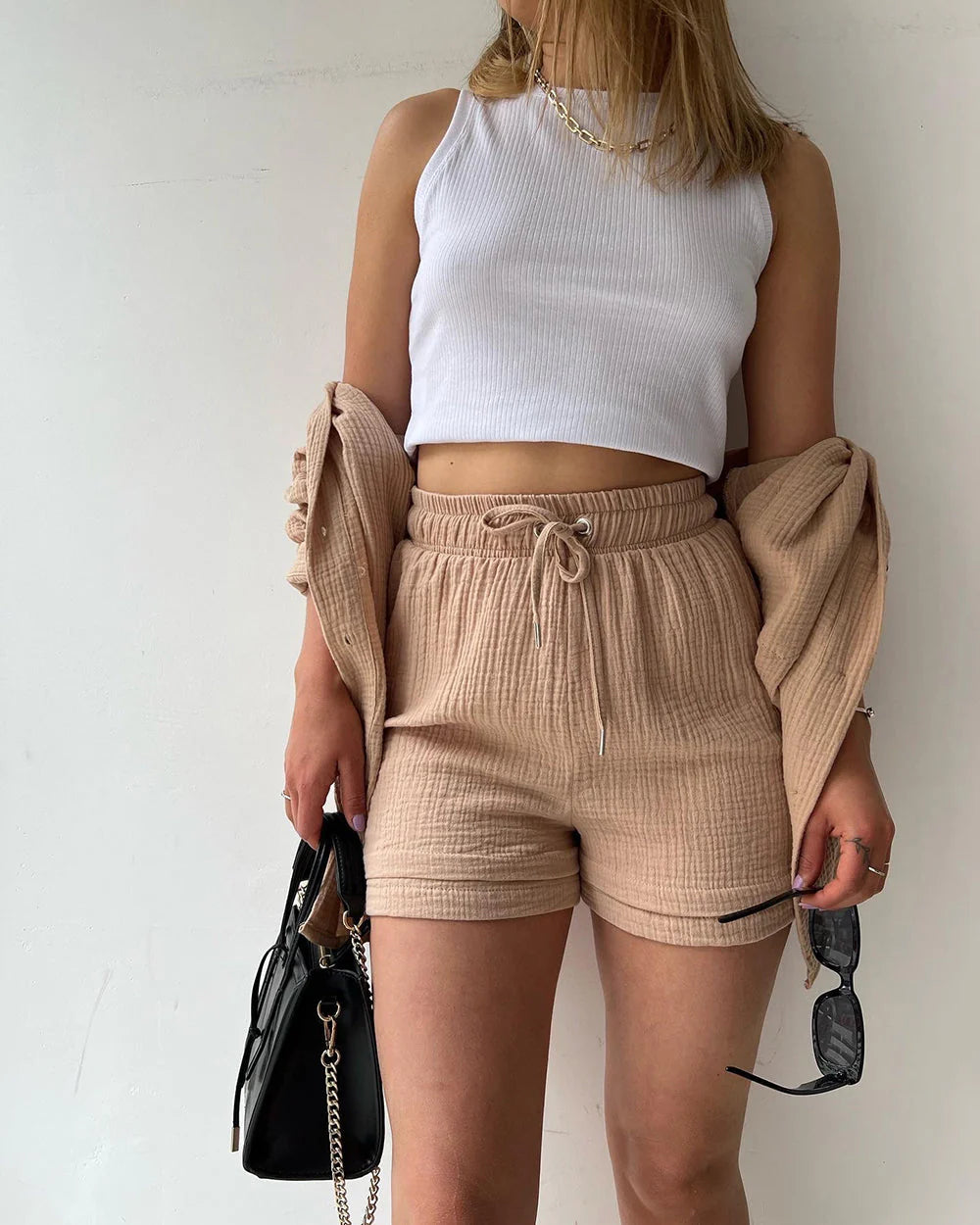 Linde™ | Damer 2-Delts Musselin Sommersæt | Let Co-Ord Sæt Med Oversize Skjorte, Ribtop Og Shorts