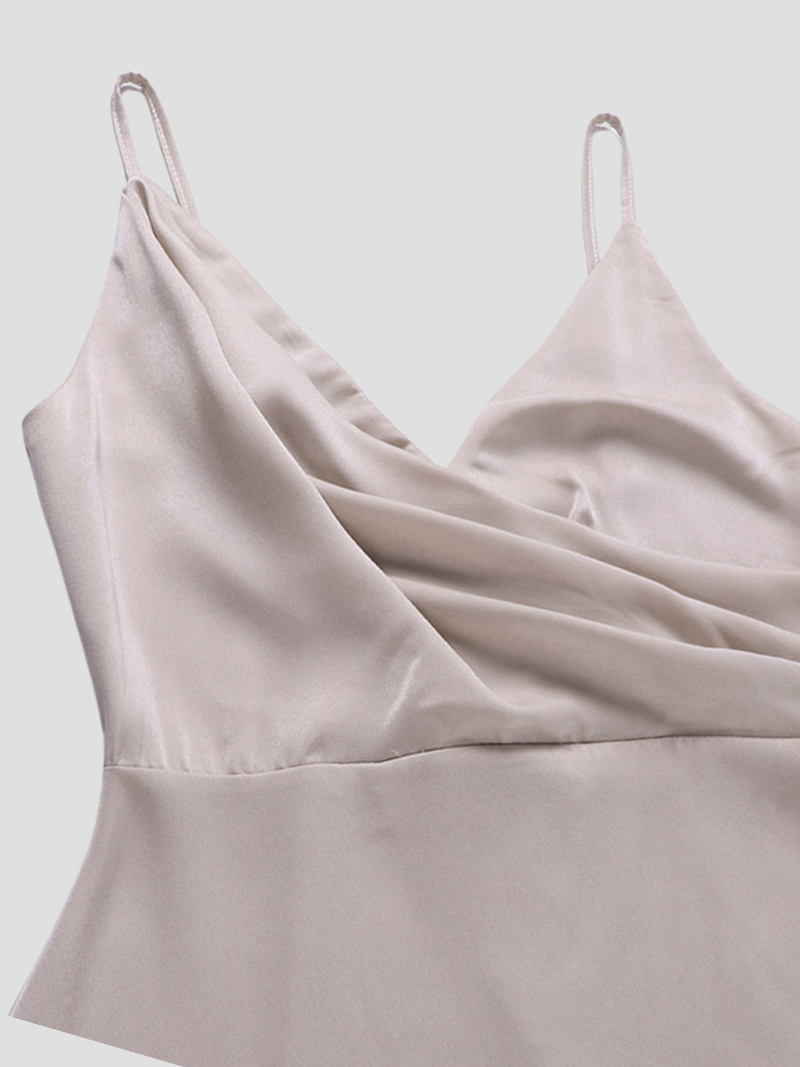 Isadora™ | Damer Satin Aftenkjole med Slids | Gallakjole med Vandfaldshals og Spaghettistropper i Jadengrøn