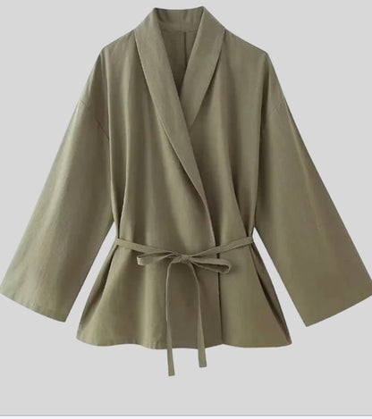 Sereia™ | Damer Hørlook Todelt Sæt | Elegant Sommerset med Omslagsblazer og Vide Bukser med Høj Talje