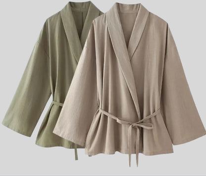 Sereia™ | Damer Hørlook Todelt Sæt | Elegant Sommerset med Omslagsblazer og Vide Bukser med Høj Talje