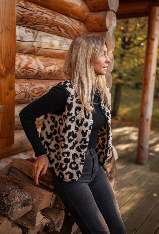 Kaela | Sherpa Fleece Vest med Leopardprint til Damer