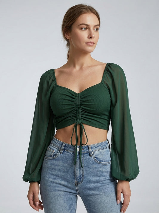 Sorella | Rynket Crop Top Med Snøre Og Transparente Ærmer