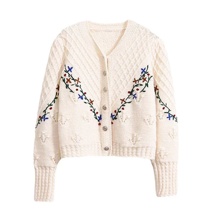 Léa™ | Koreansk Stil Broderet V-Hals Cardigan med Elegant Flair