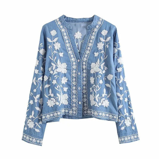 Elviora | Damer Denim-Look Bluse med Blomsterbroderi
