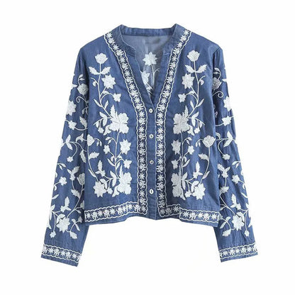 Elviora | Damer Denim-Look Bluse med Blomsterbroderi