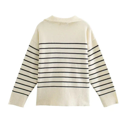 Isabelle™ | Damer Vintage Chic Strik Half-Zip Trøje med Klassiske Striber