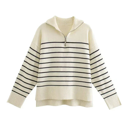Isabelle™ | Damer Vintage Chic Strik Half-Zip Trøje med Klassiske Striber