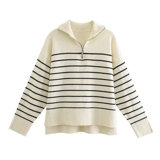 Isabelle™ | Damer Vintage Chic Strik Half-Zip Trøje med Klassiske Striber