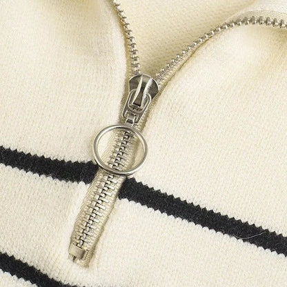 Isabelle™ | Damer Vintage Chic Strik Half-Zip Trøje med Klassiske Striber