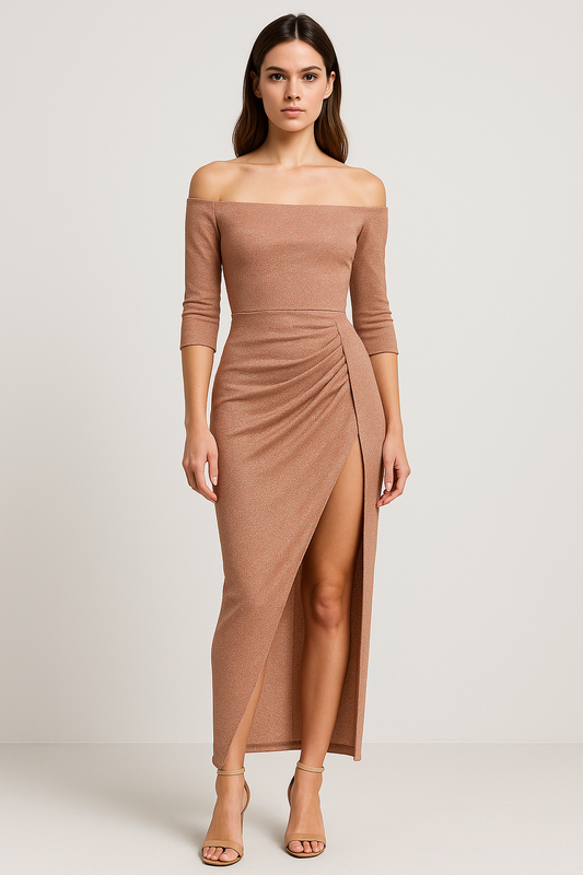 Vespera™ | Damer Off Shoulder Midikjole med Slids | Elegant Draperet Cocktailkjole til Aften og Fest