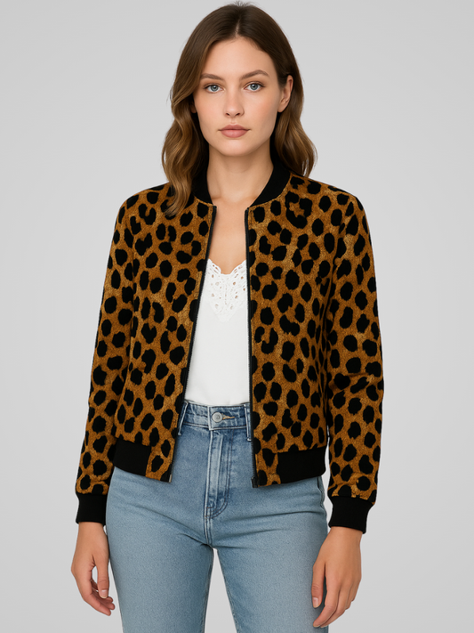 Leontine™ | Damer Leopard Bomberjakke | Trendy Dyreprint Jakke med Lynlås til Casual og Streetstyle