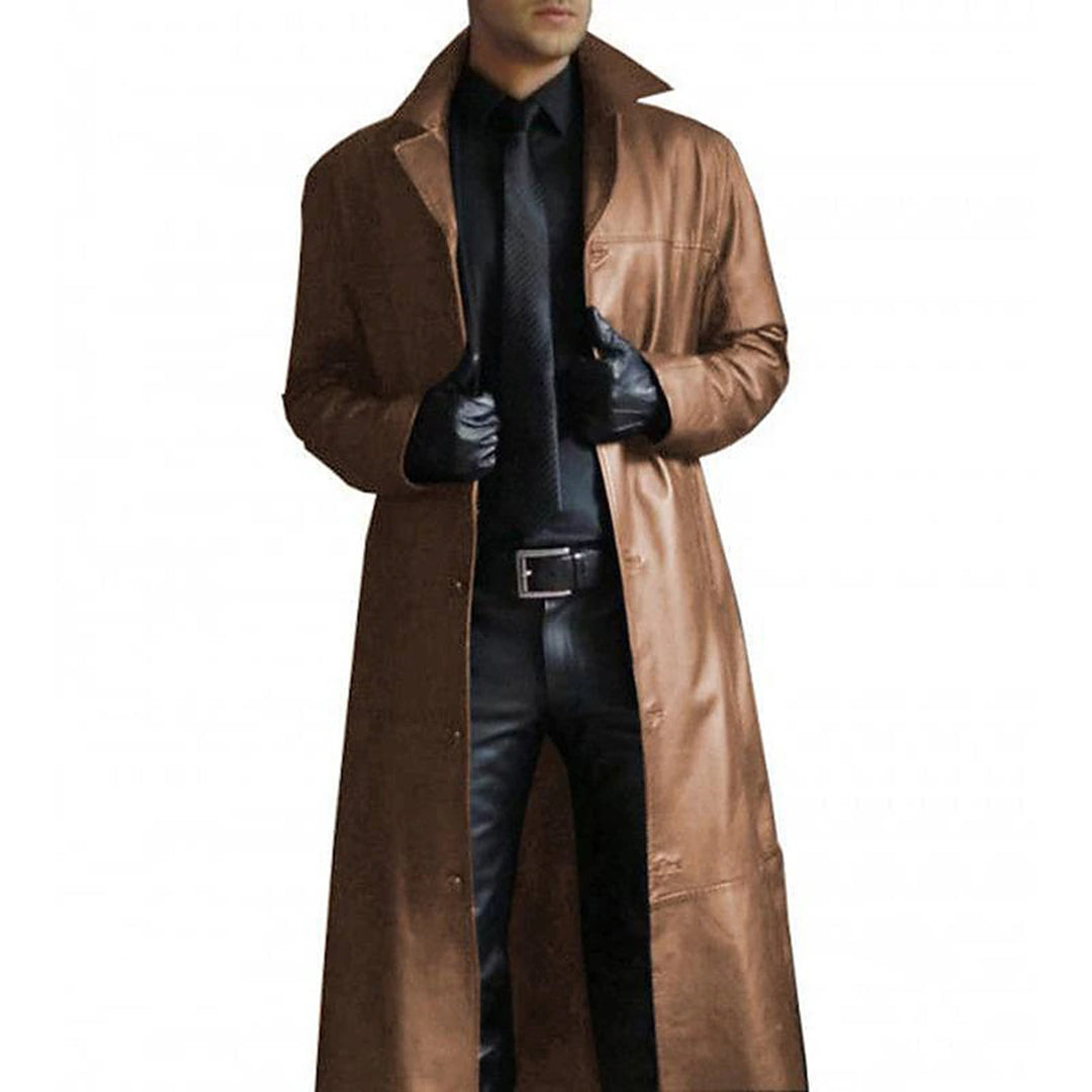 Henry™ | Lang Læder Trenchcoat til Herrer | Med Knaplukning