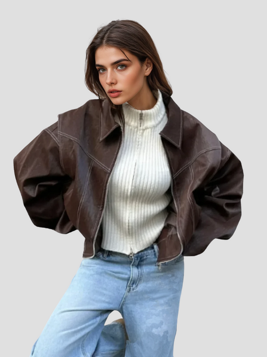 Zarielle™ | Damer Oversized Læderjakke med Cropped Fit | Cool Imitationslæder Streetwear Bikerjakke